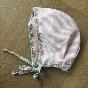 Floral Trim Pink Striped Kids Bonnet